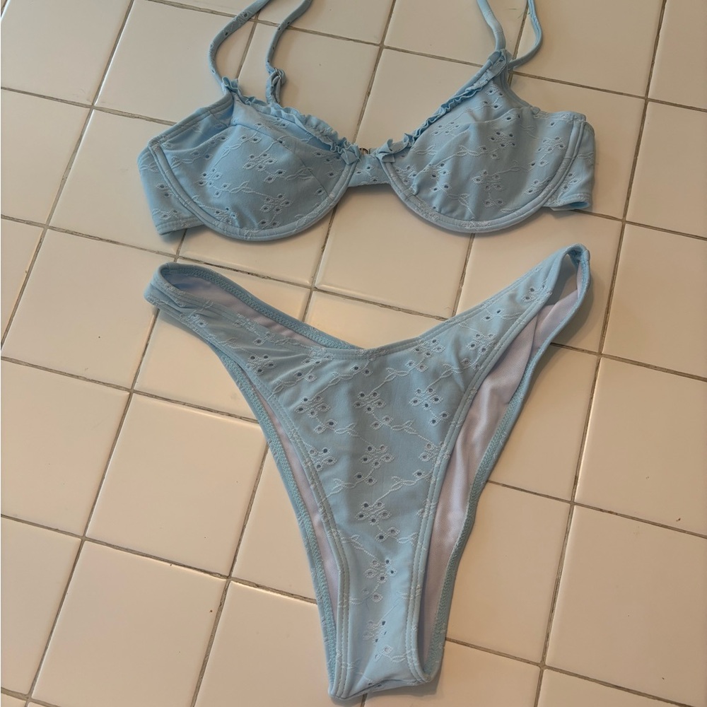 Light blue eyelet Bikini Set cheeky underwire bra summer swimsuit high waist